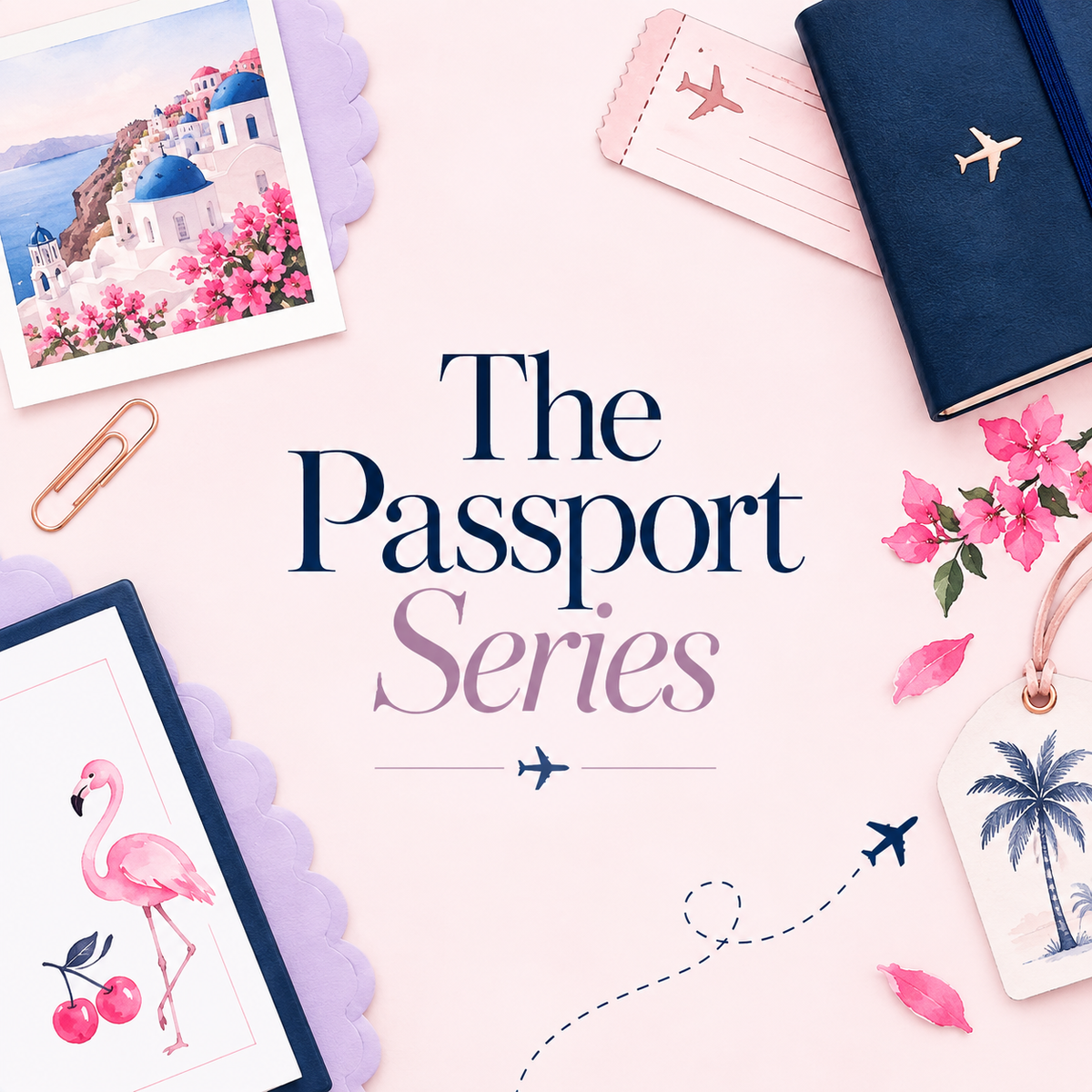 The Passport Series travel-inspired stationery with Santorini artwork, passport, luggage tag and airplane details.