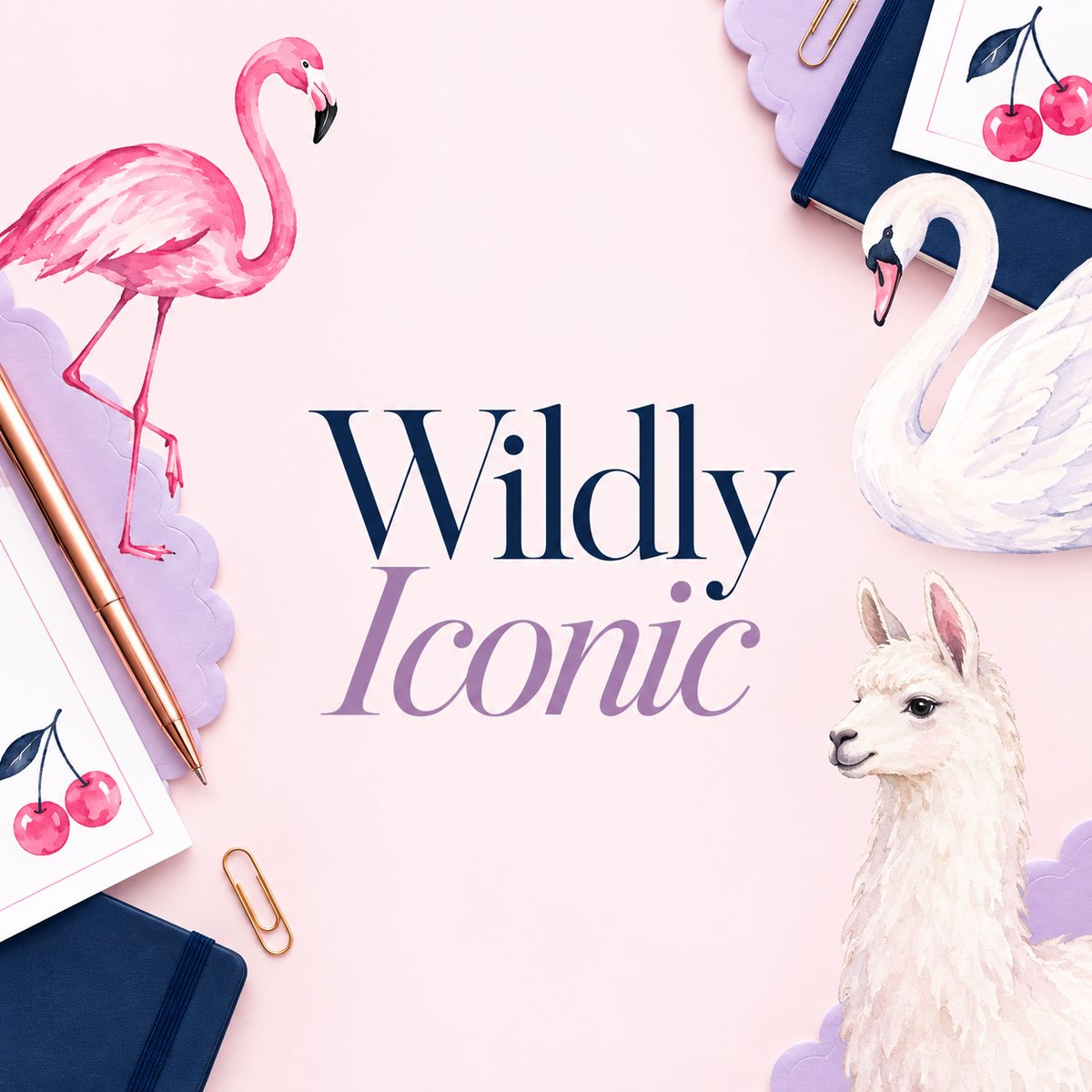Wildly Iconic stationery collection featuring watercolor flamingo, swan and llama artwork on a blush pink background.