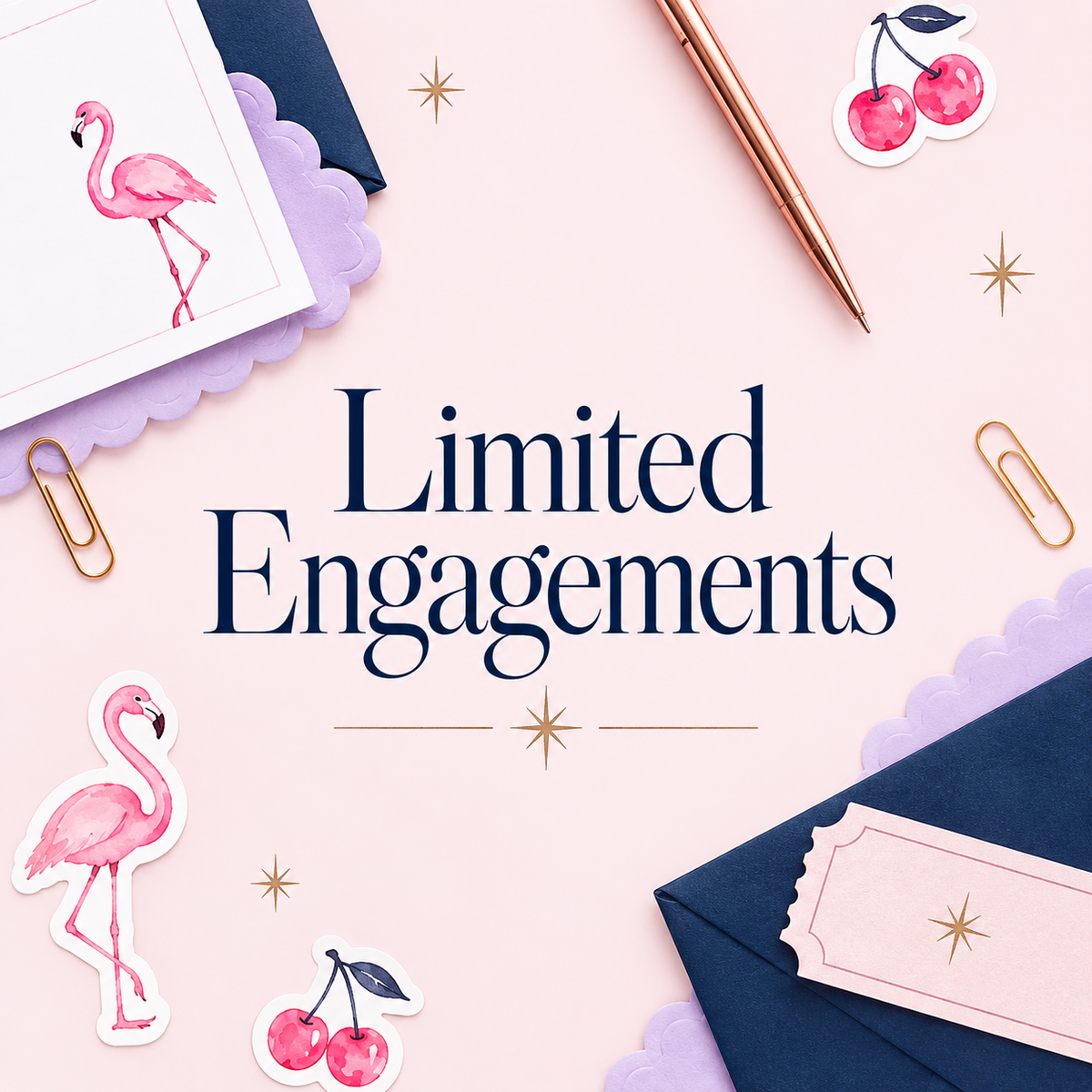 Limited Engagements stationery collection with watercolor flamingos, cherries and elegant navy and blush paper goods.