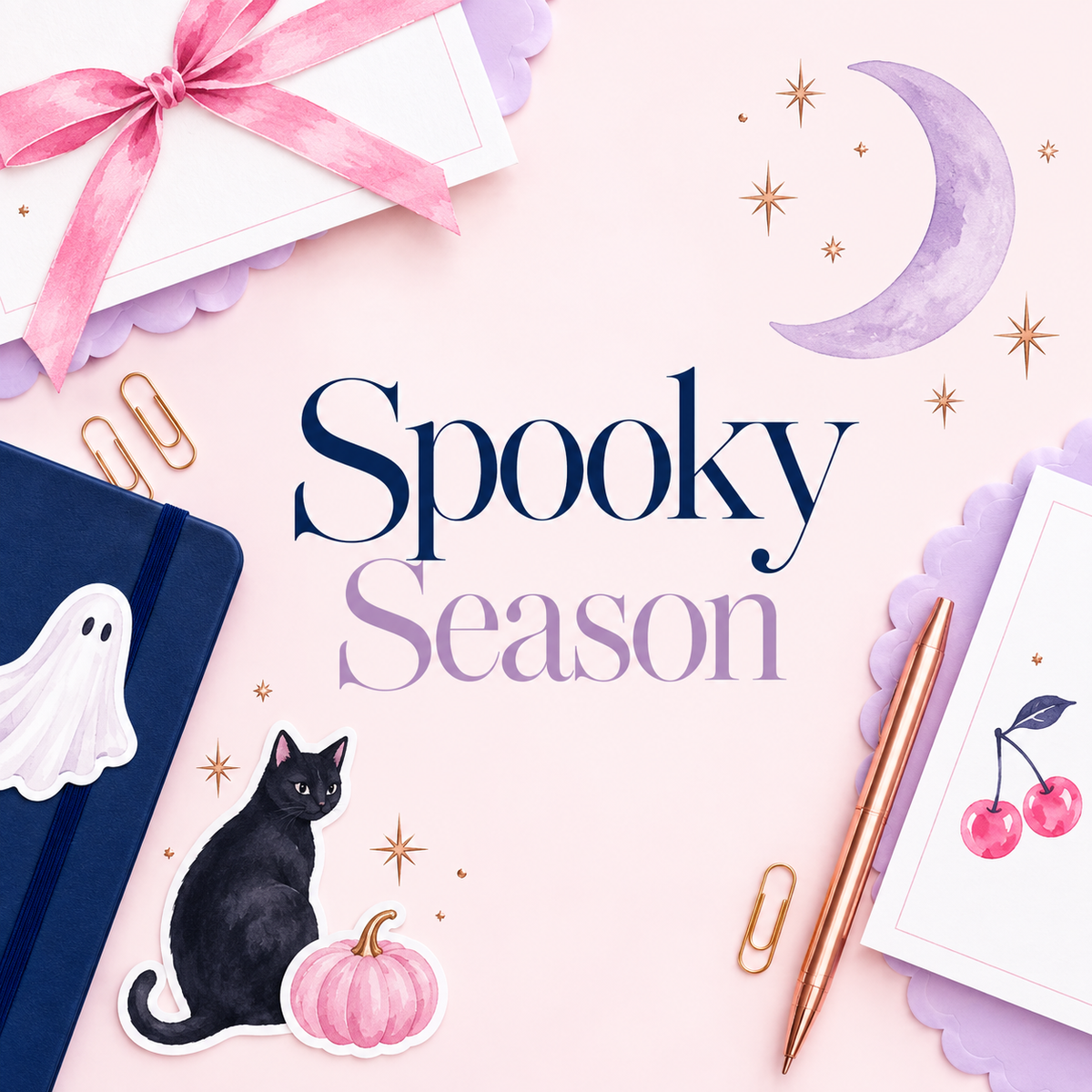 Spooky Season stationery collection with a watercolor black cat, ghost, pink pumpkin, crescent moon and stars.
