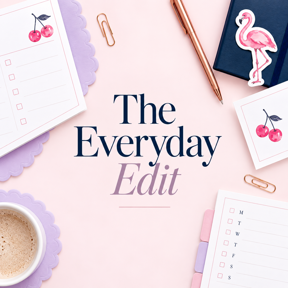 The Everyday Edit stationery collection with planners, flamingo and cherry designs on a blush pink desktop.