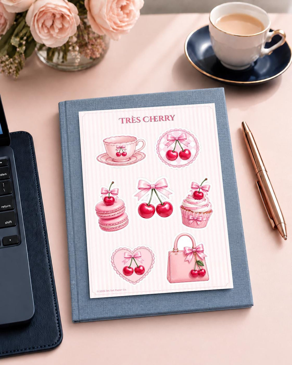 Très Cherry Sticker Sheet | Pink Bow, Macarons, Cupcake Decals (Matte Vinyl)