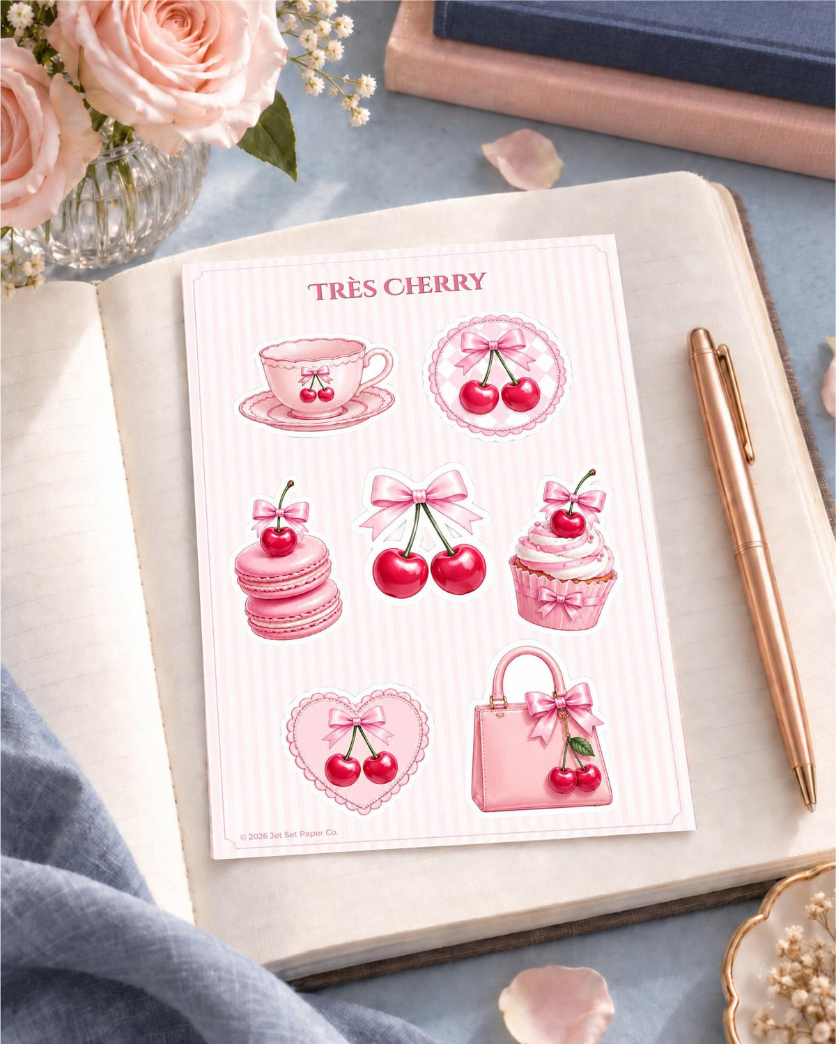 Très Cherry Sticker Sheet | Pink Bow, Macarons, Cupcake Decals (Matte Vinyl)