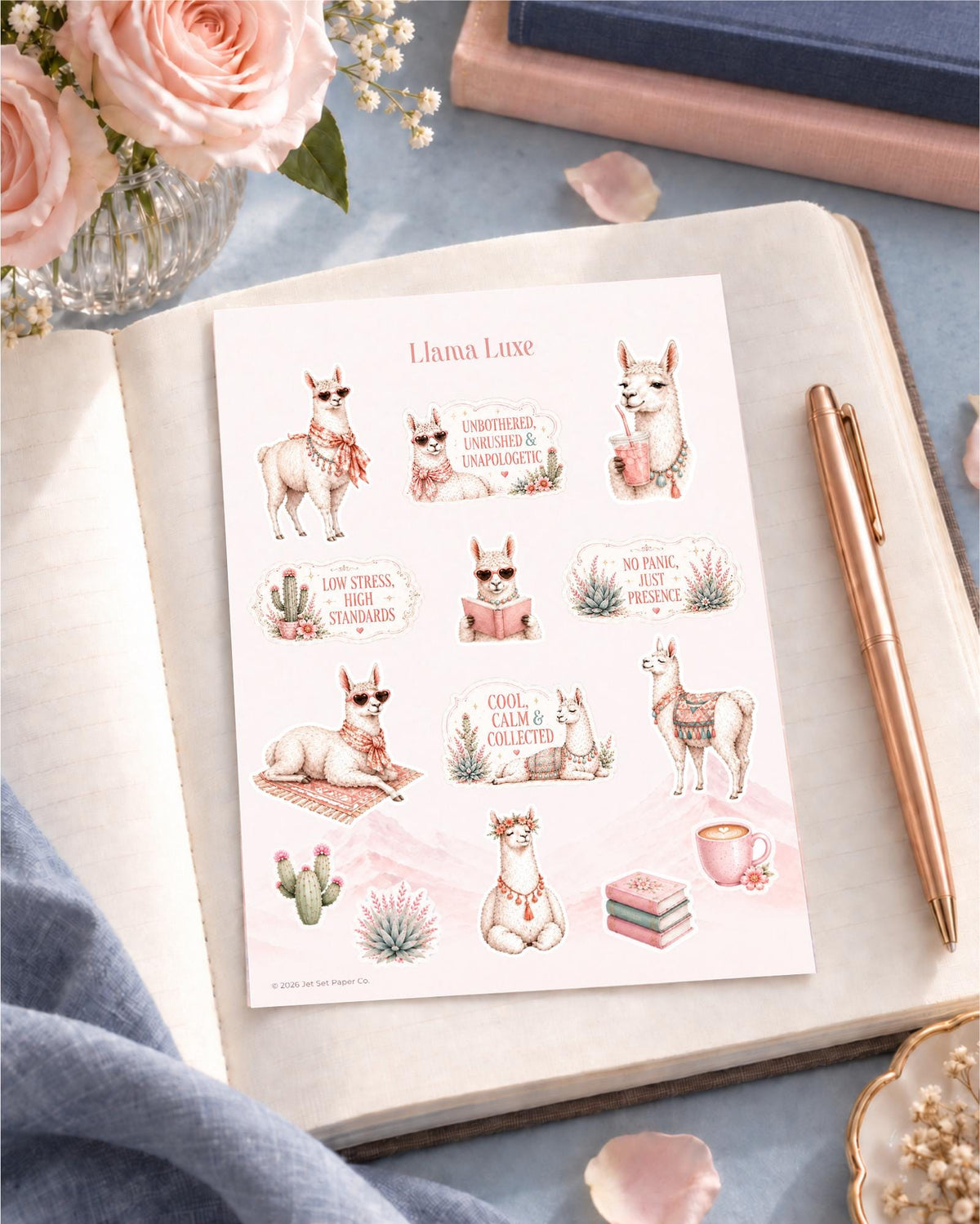 Llama Luxe Sticker Sheet | Chic Alpaca, Desert Botanicals (Matte Vinyl)