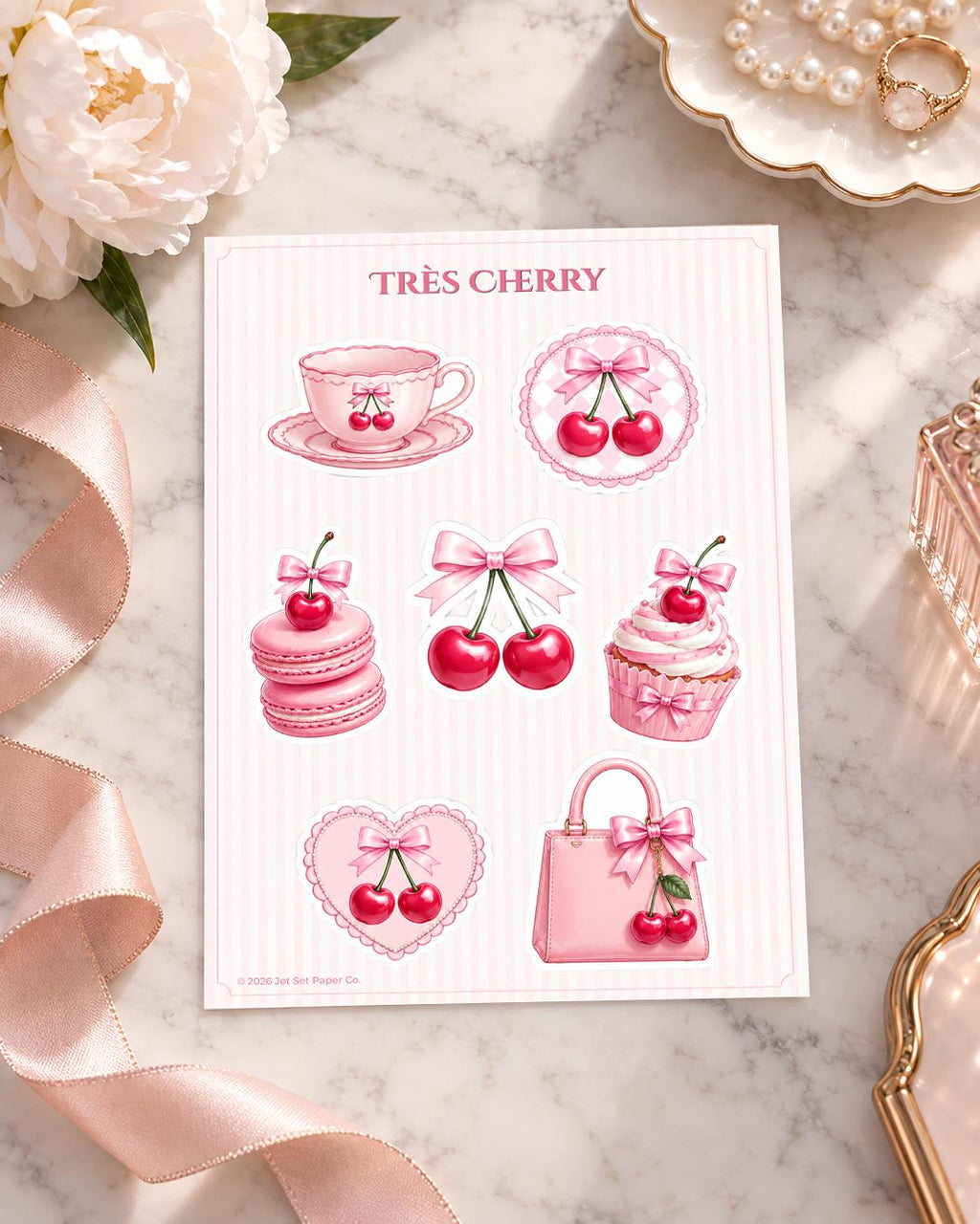 Très Cherry Sticker Sheet | Pink Bow, Macarons, Cupcake Decals (Matte Vinyl)