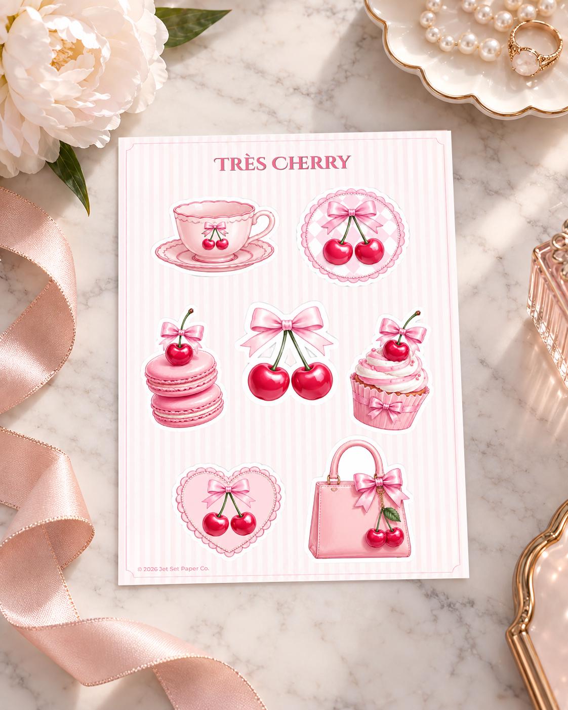 Très Cherry Sticker Sheet | Pink Bow, Macarons, Cupcake Decals (Matte Vinyl)