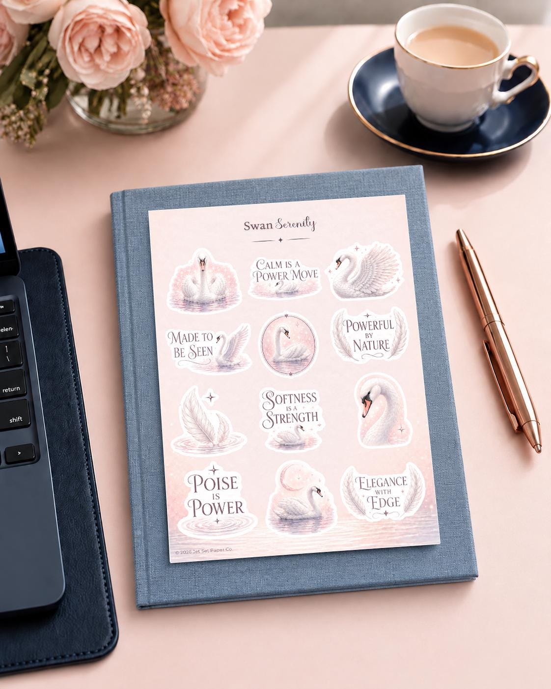 Swan Serenity Sticker Sheet | Watercolor Swans Planner Decals | Pink Swan Vinyl Decals | Soft Life Appearances