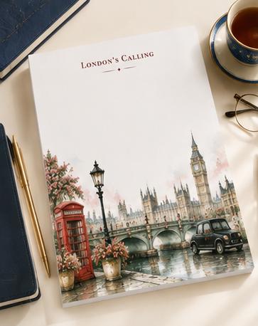 London Travel Notepad | Big Ben, Telephone Box Watercolor Desk Pad (8.5 x 11 inches)
