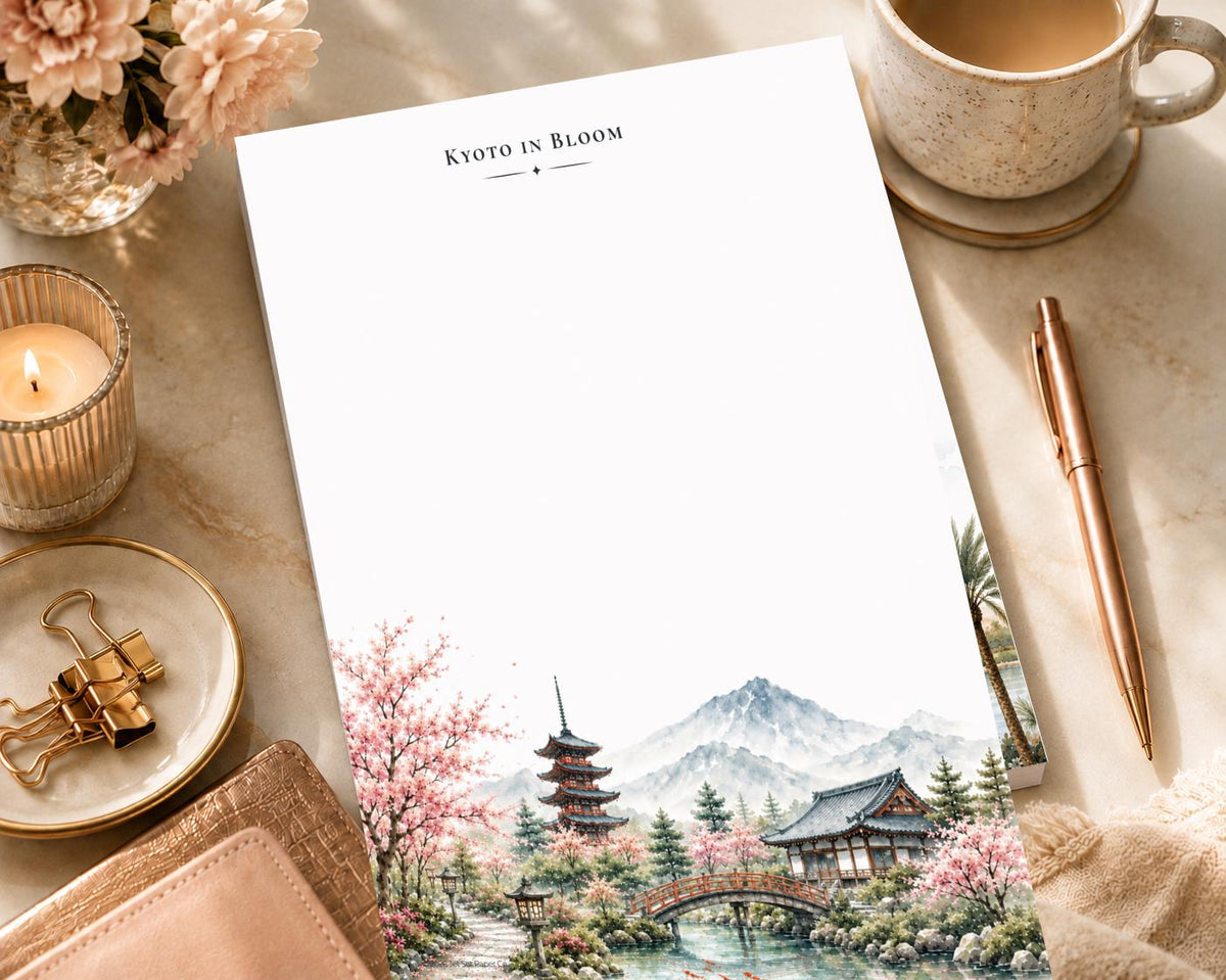 Kyoto in Bloom Notepad | Watercolor Japan Travel Desk Pad (8.5 x 11 inches)