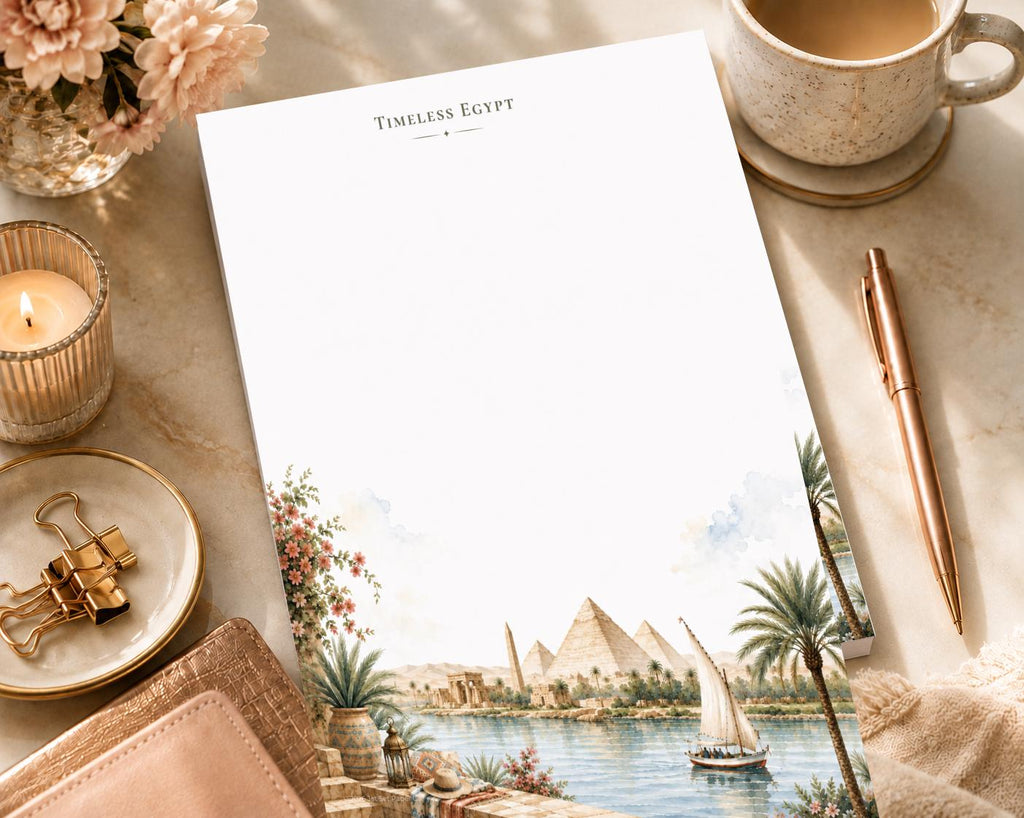 Passport Series Full Page Notepad | Timeless Egypt Travel Pad | Ancient Pyramids Watercolor Illustration