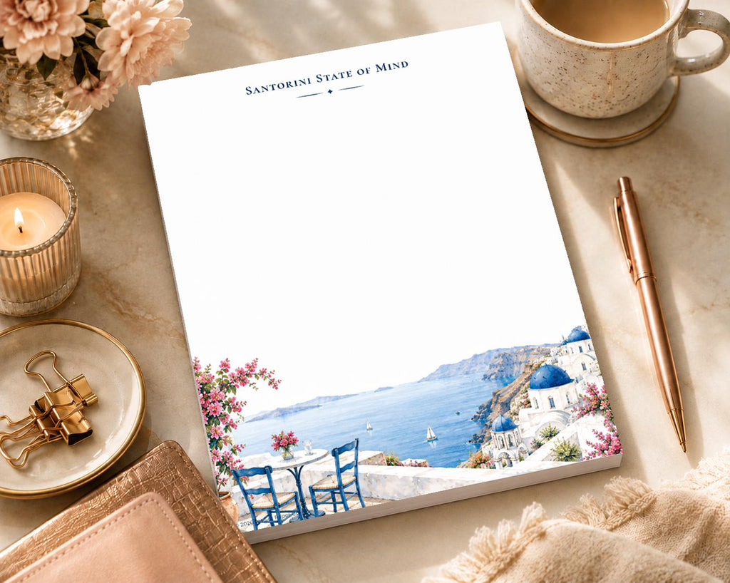 Santorini State of Mind Notepad | Blue Dome Watercolor Travel Desk Pad (8.5 x 11 inches)