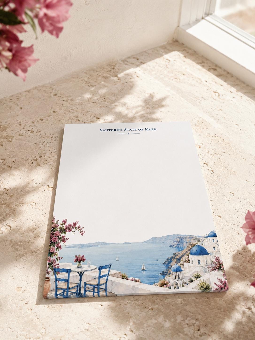 Santorini State of Mind Notepad | Blue Dome Watercolor Travel Desk Pad (8.5 x 11 inches)