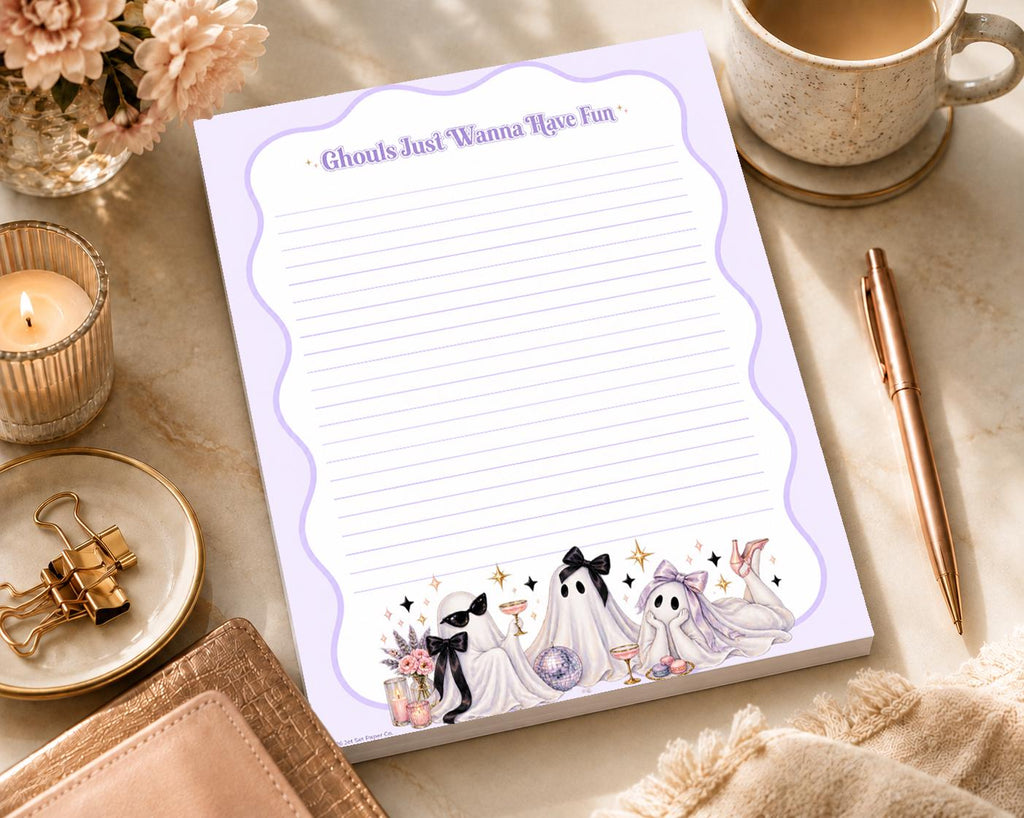 Spooky Season Full Page Notepad | Retro Wavy Lavender Ghosts | Halloween Notepad