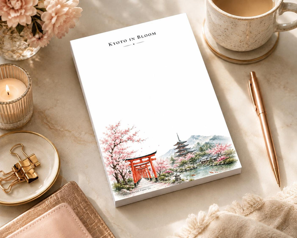 Kyoto in Bloom Notepad | Cherry Blossoms, Torii Gate, Pagoda Watercolor (5.5 x 8.5 inch)