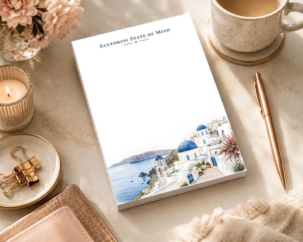 Santorini State of Mind Notepad | Blue Dome Watercolor Travel Memo Pad (5.5 x 8.5 inches)