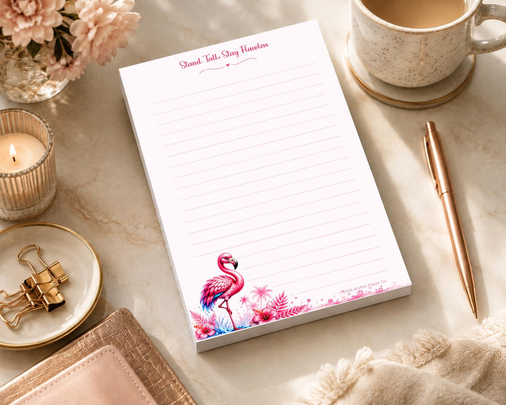 Flamingo Tropical Notepad | Watercolor Hibiscus, Motivational Quote (5.5 x 8.5 inch)