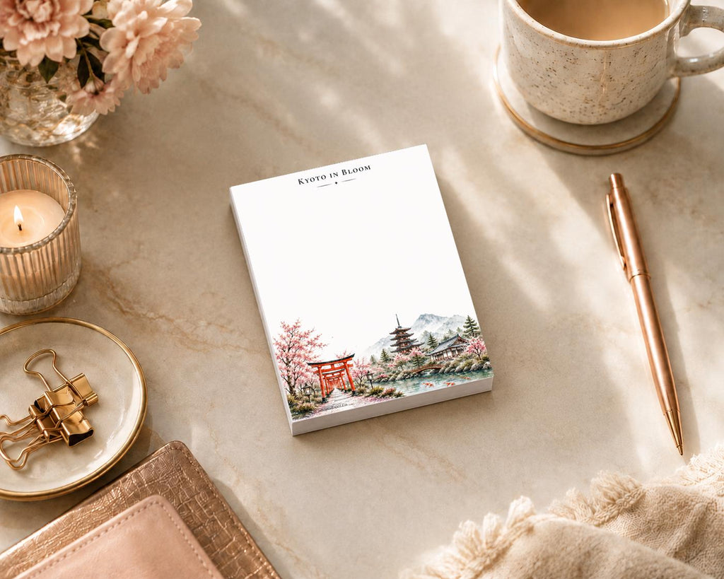 Jwt Set Paper Co. Passport Series Mini Notepad | Kyoto in Bloom Watercolor (Torii Gate, Pagoda, Cherry Blossoms)