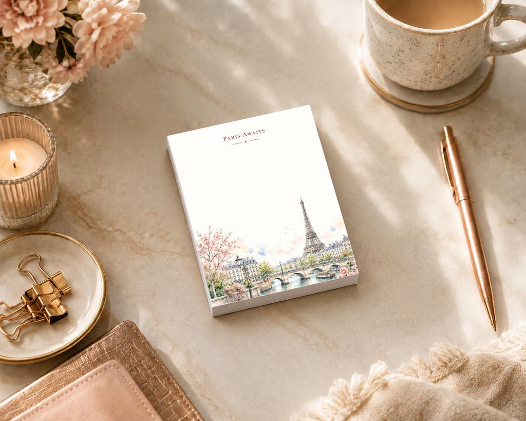 Paris Awaits Mini Notepad | Watercolor Eiffel Tower Travel Memo Pad