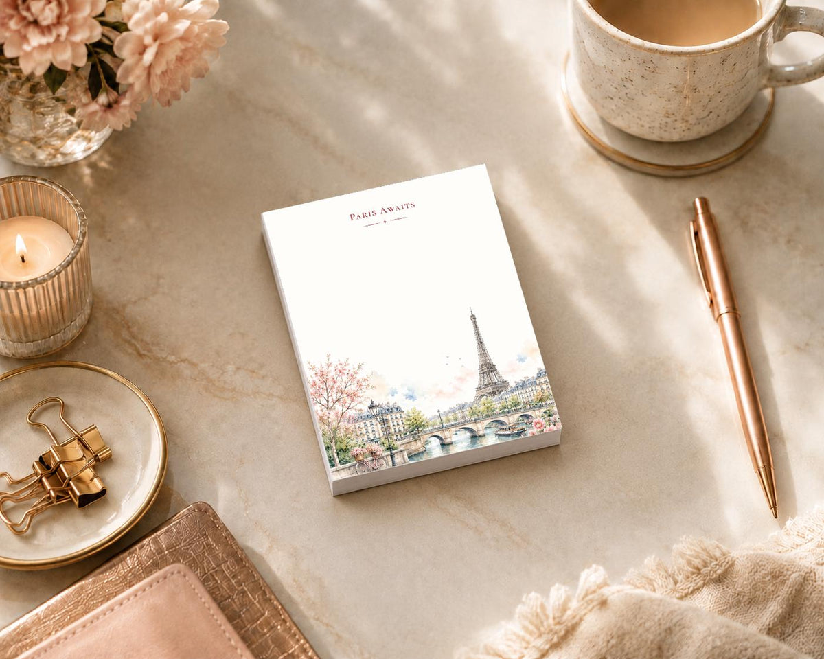 Paris Awaits Mini Notepad | Watercolor Eiffel Tower Travel Memo Pad