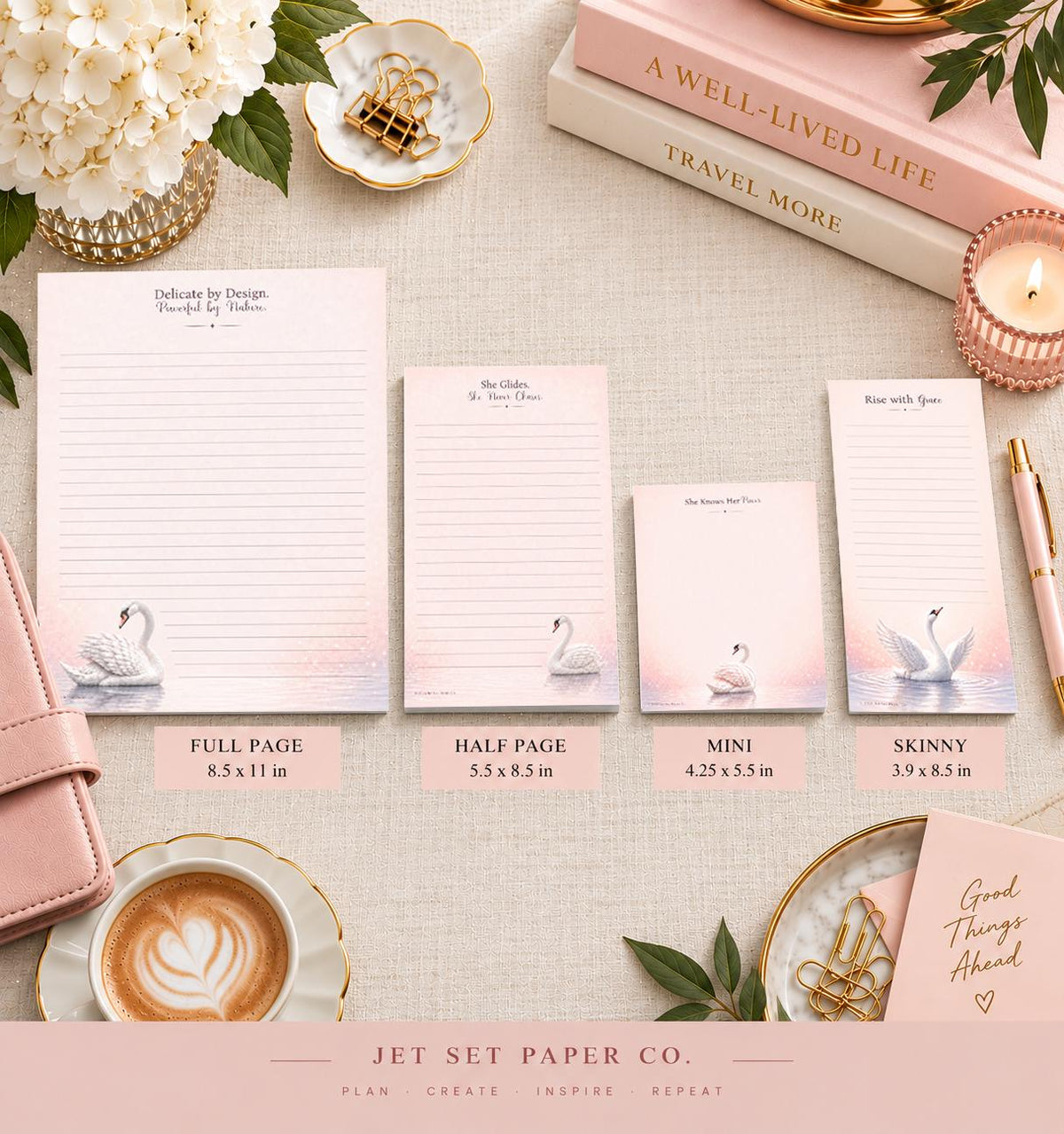 Swan Serenity Notepad | Blush Pink Watercolor Swan Design (8.5 x 11 inches)