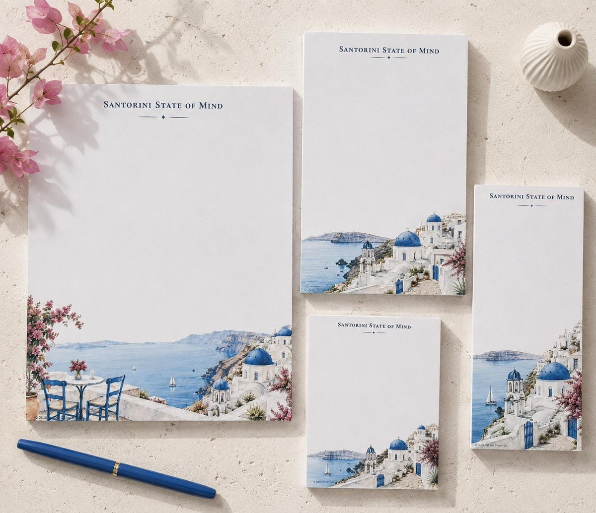 Santorini State of Mind Notepad | Blue Dome Watercolor Travel Memo Pad (5.5 x 8.5 inches)