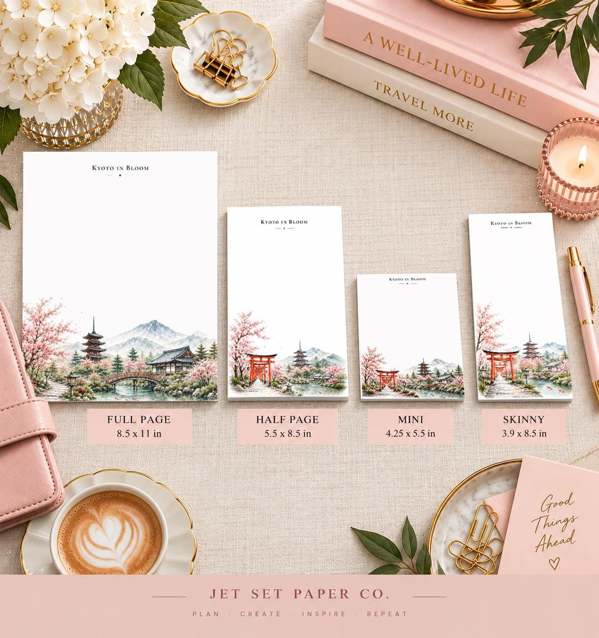 Kyoto in Bloom Notepad | Watercolor Japan Travel Desk Pad (8.5 x 11 inches)