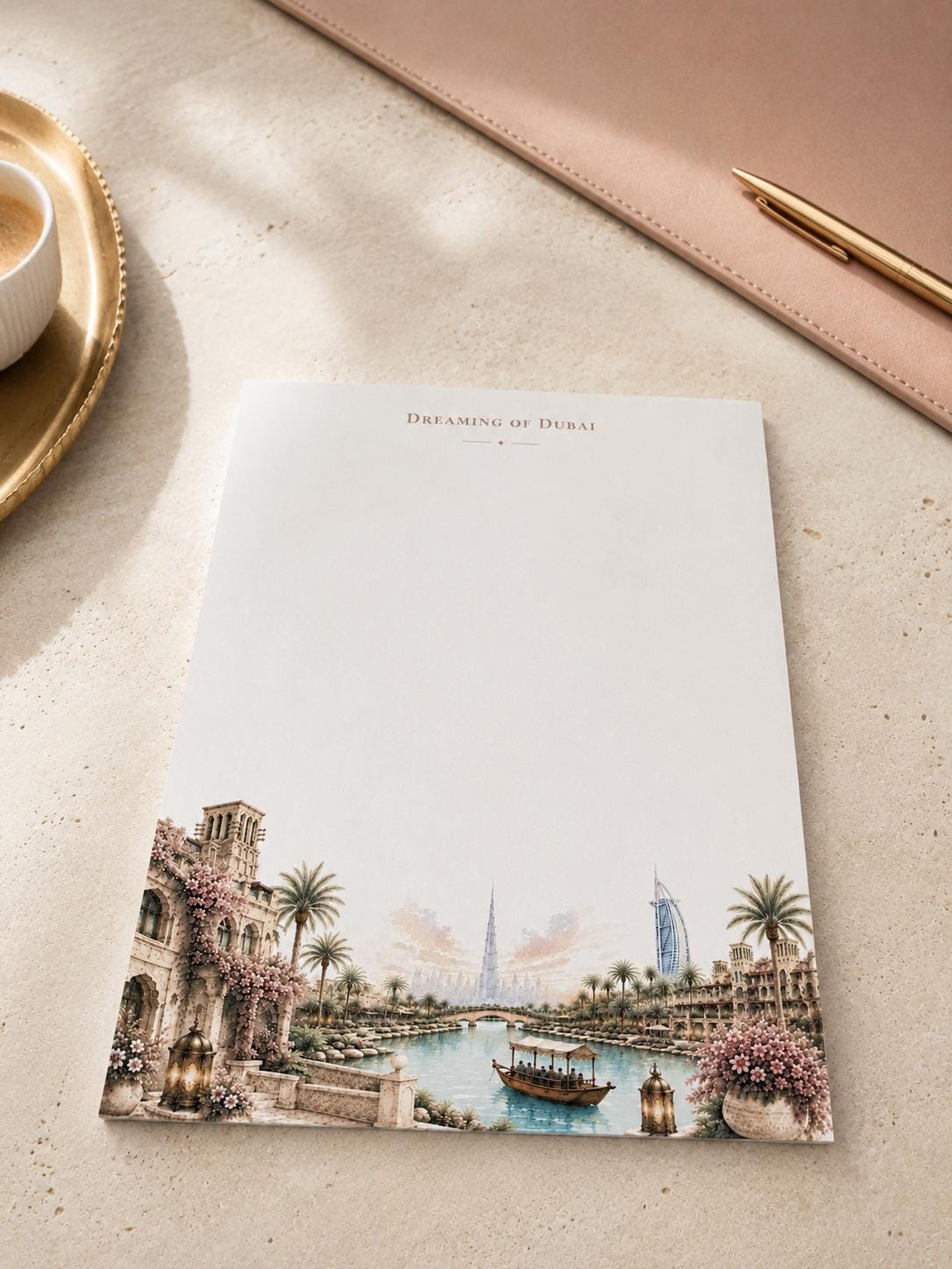 Dreaming of Dubai Notepad | Watercolor Cityscape Art (8.5 x 11 inches)