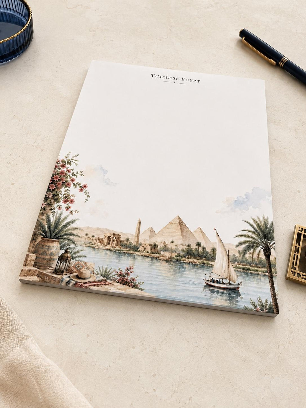 Passport Series Full Page Notepad | Timeless Egypt Travel Pad | Ancient Pyramids Watercolor Illustration