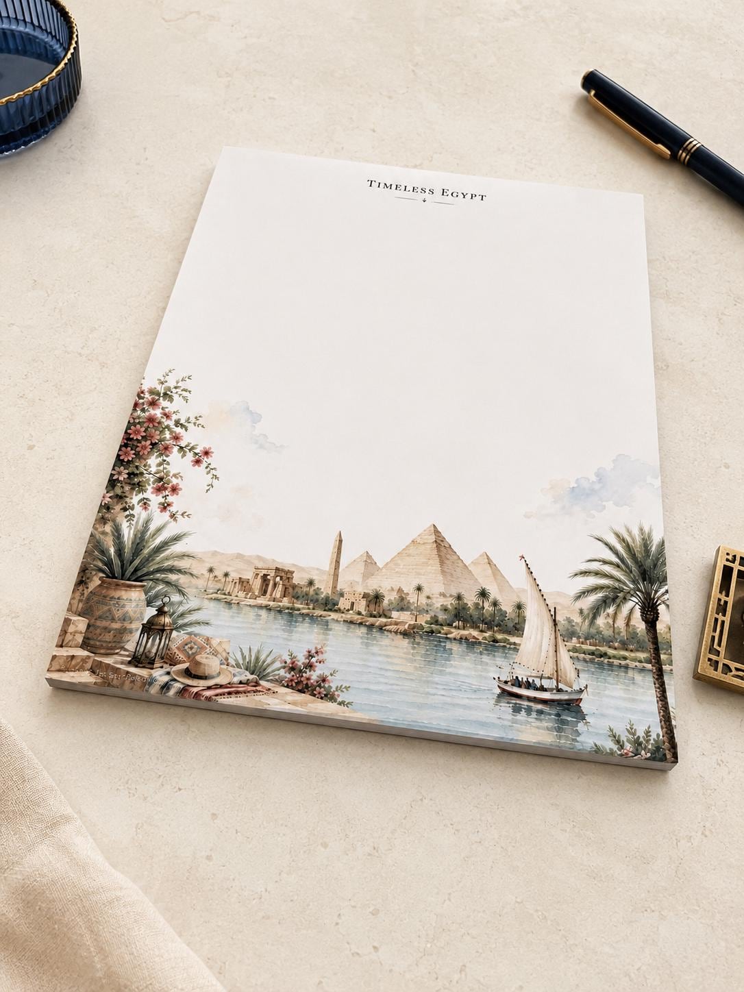 Passport Series Full Page Notepad | Timeless Egypt Travel Pad | Ancient Pyramids Watercolor Illustration