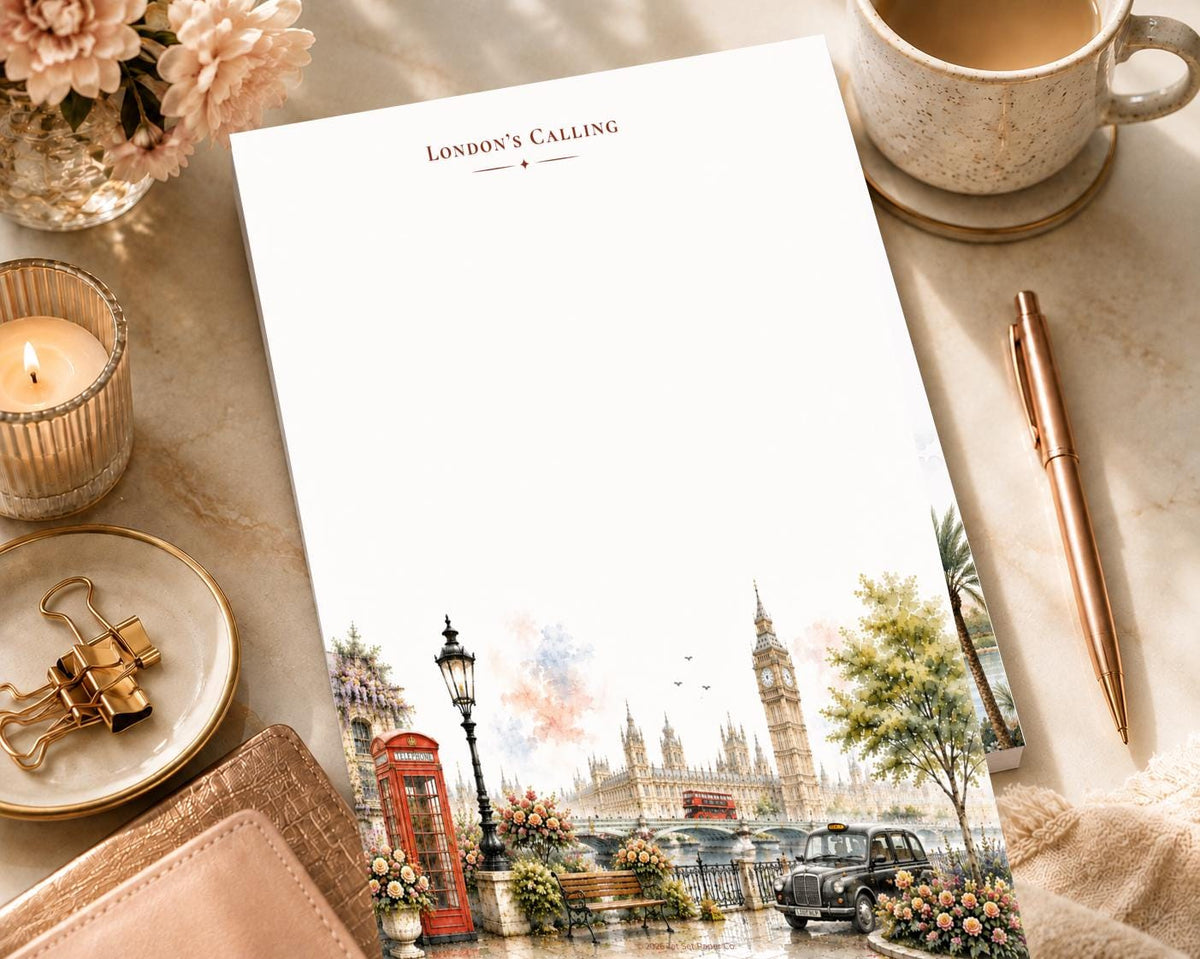 London Travel Notepad | Big Ben, Telephone Box Watercolor Desk Pad (8.5 x 11 inches)