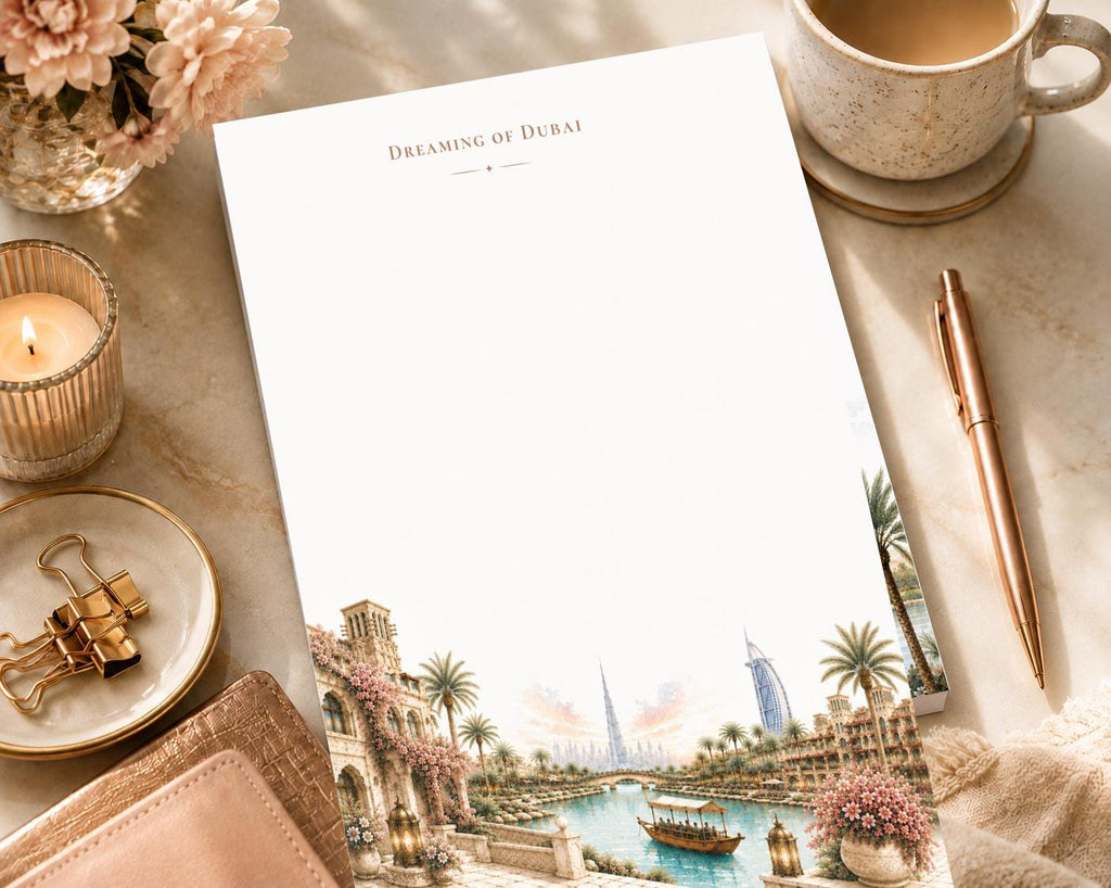 Dreaming of Dubai Notepad | Watercolor Cityscape Art (8.5 x 11 inches)