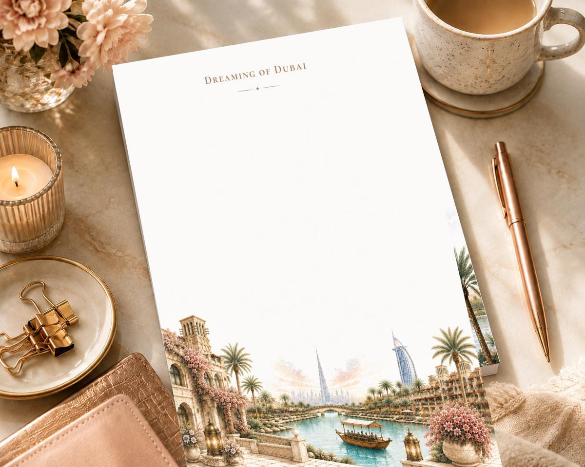 Dreaming of Dubai Notepad | Watercolor Cityscape Art (8.5 x 11 inches)