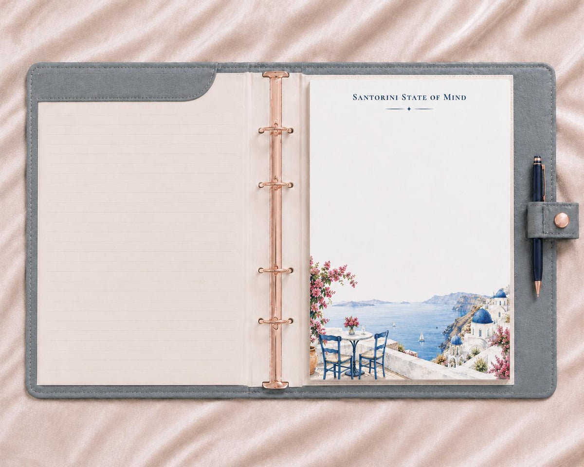 Santorini State of Mind Notepad | Blue Dome Watercolor Travel Desk Pad (8.5 x 11 inches)