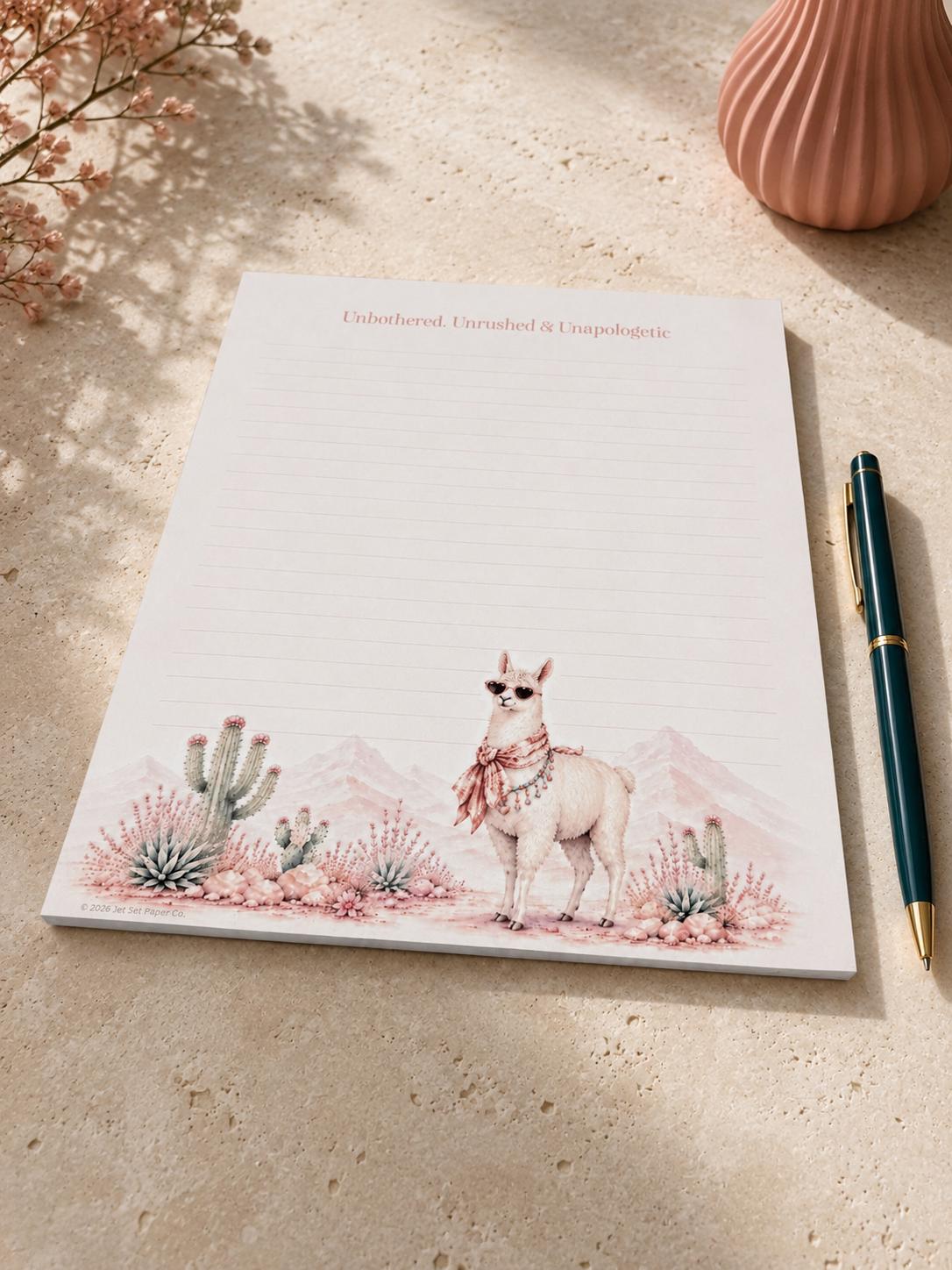 Llama Luxe Full-Page Notepad | Desert Boho Illustration, 8.5x11" Desk Pad