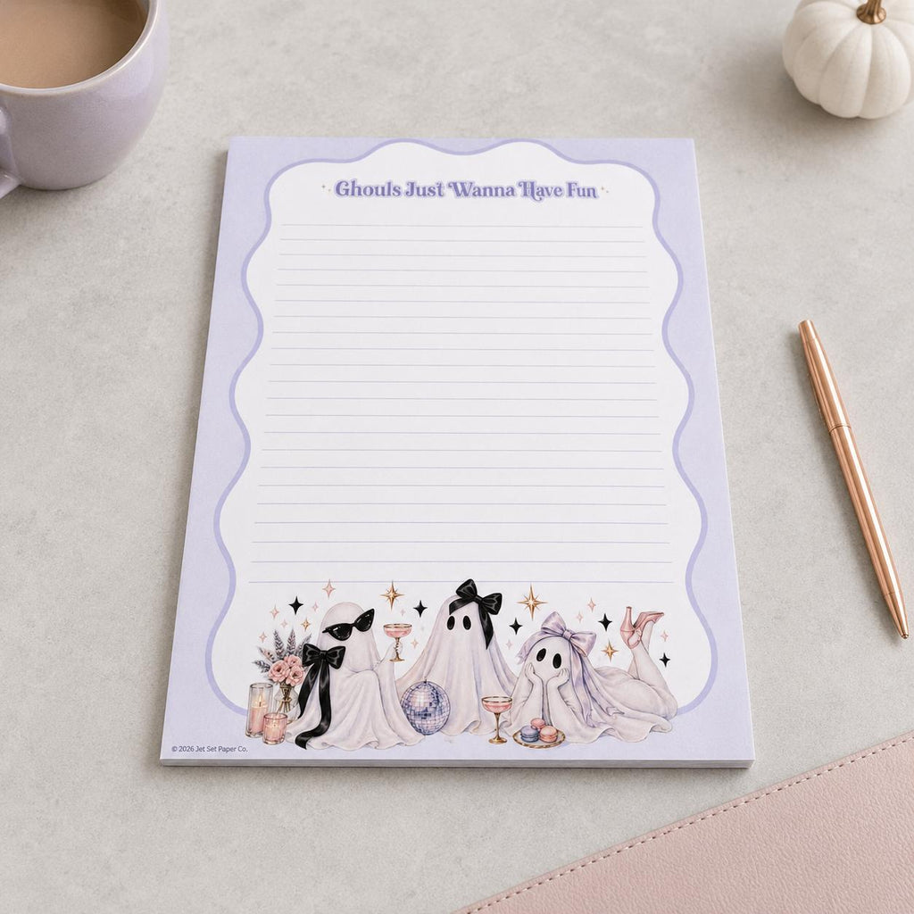 Spooky Season Full Page Notepad | Retro Wavy Lavender Ghosts | Halloween Notepad