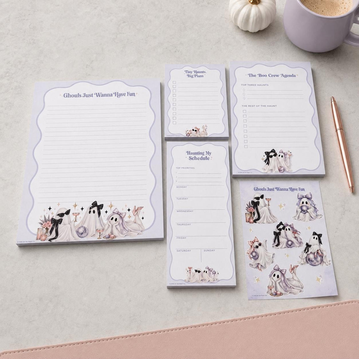 Spooky Season Full Page Notepad | Retro Wavy Lavender Ghosts | Halloween Notepad