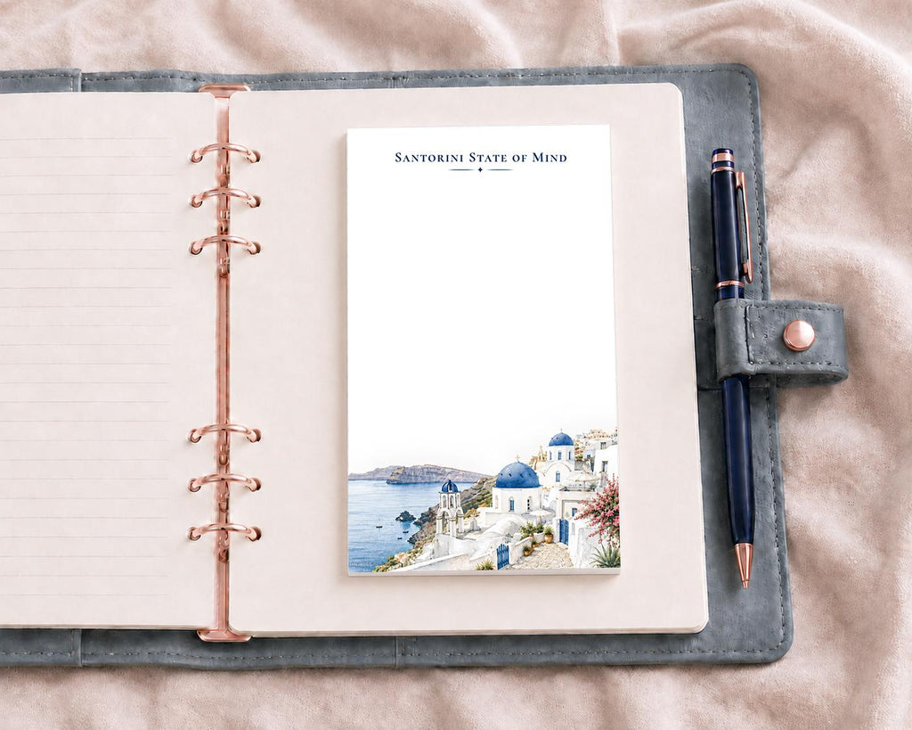 Santorini State of Mind Notepad | Blue Dome Watercolor Travel Memo Pad (5.5 x 8.5 inches)