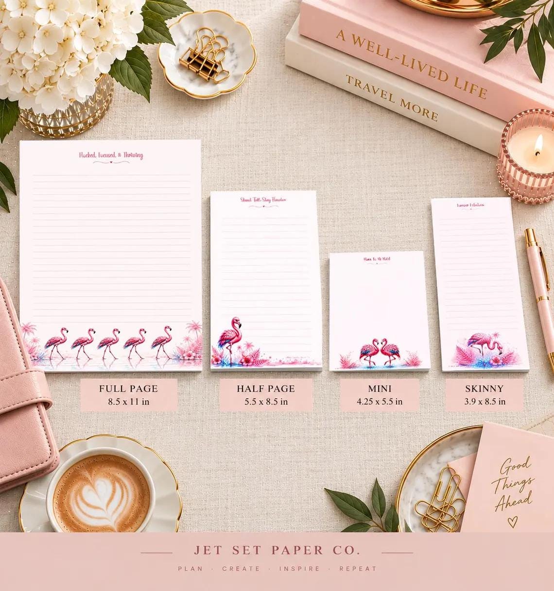 Flamingo Tropical Notepad | Watercolor Hibiscus, Motivational Quote (5.5 x 8.5 inch)